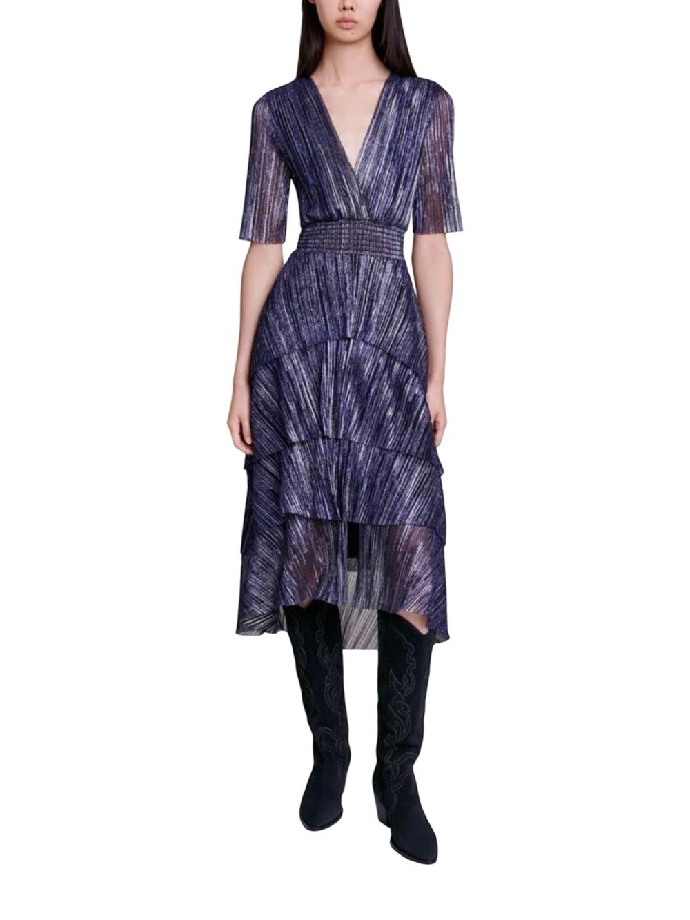 Maje Plissé V-Neck Tiered Midi Dress in Deep Purple Shimmer
